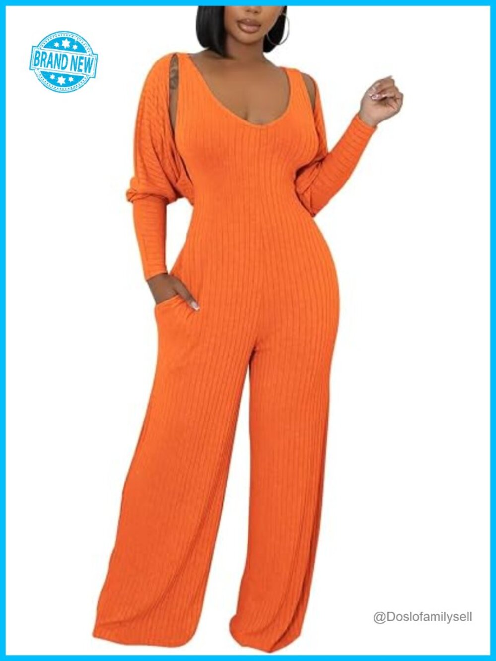Ribbed Knit 2 Piece Set: Long Sleeve Crop Cardigan & Wide Leg Pants Jumpsuit,
